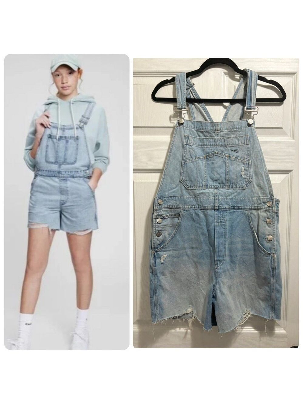 GAP Denim Shortalls Jean Shorts Overalls Raw Hem Distressed Women’s Size Small